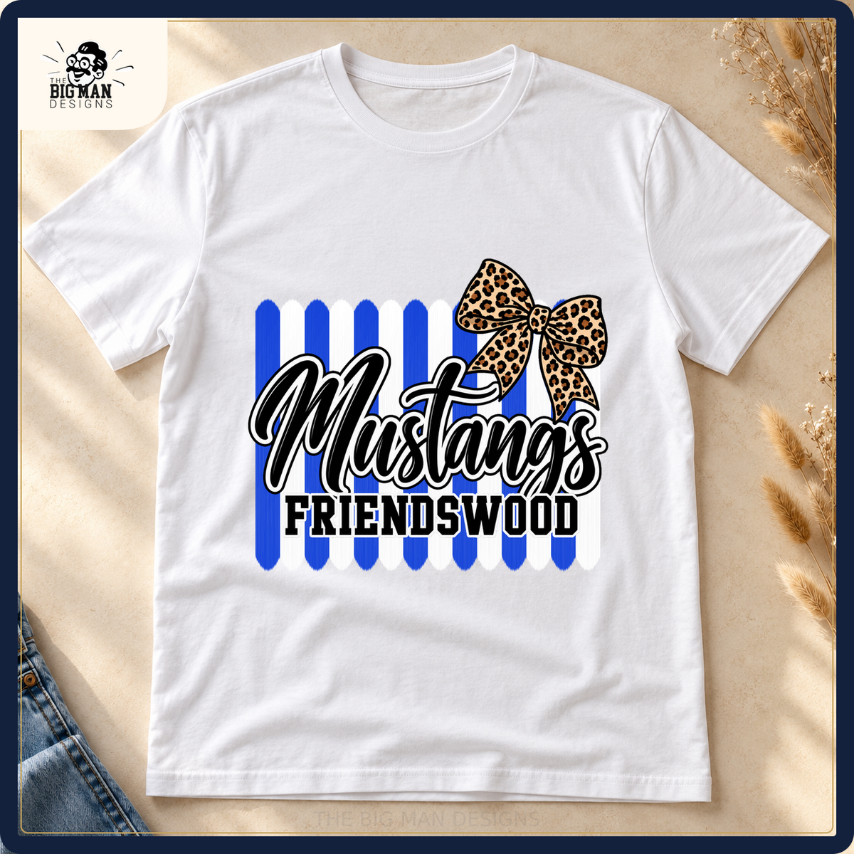 Friendswood Mustangs brushstroke and leopard bow on a white shirt