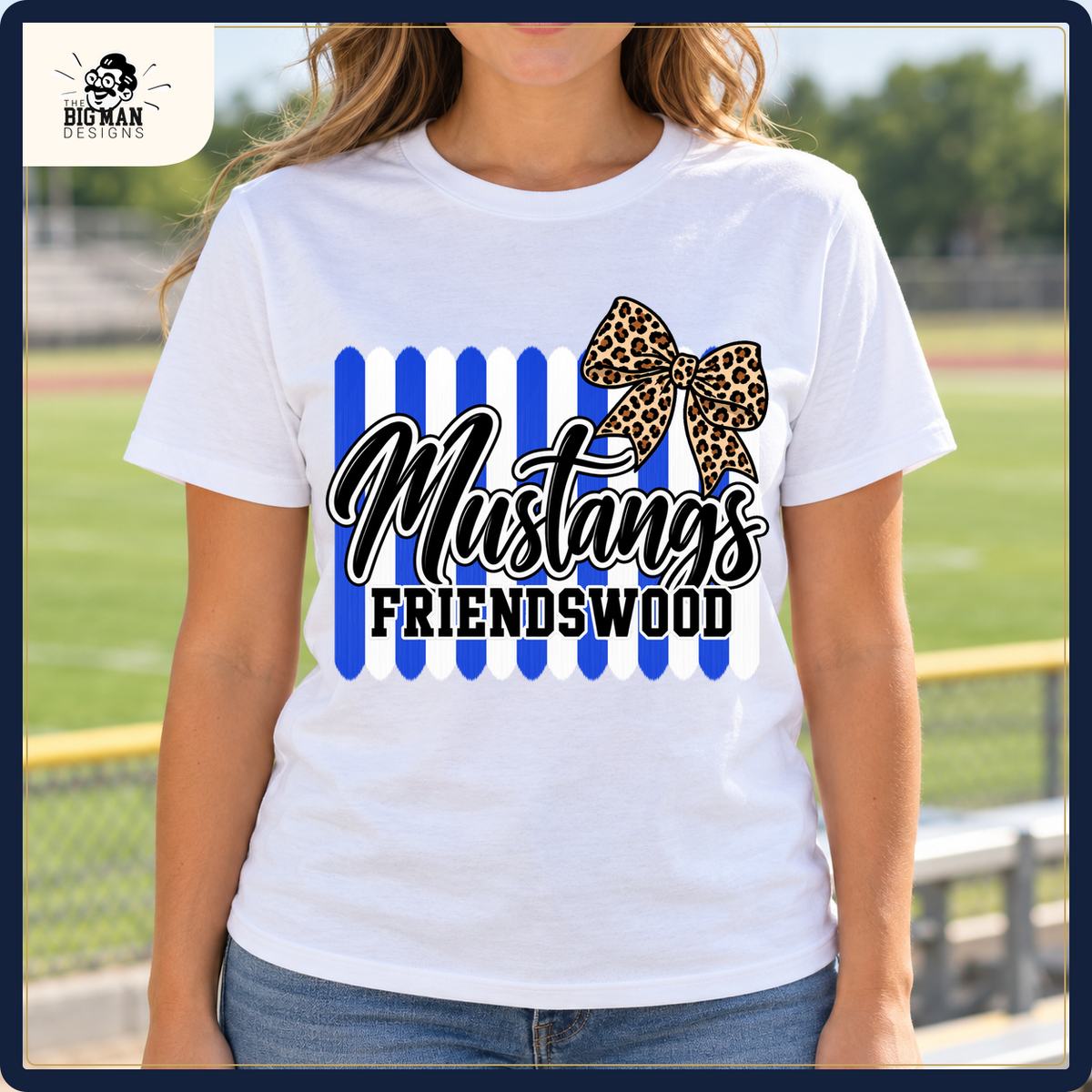 Friendswood Mustangs school spirit shirt worn outdoors