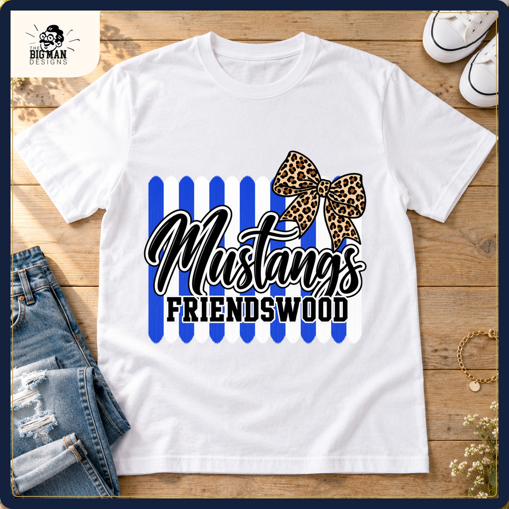 Friendswood Mustangs school spirit shirt styled in a boutique flat lay