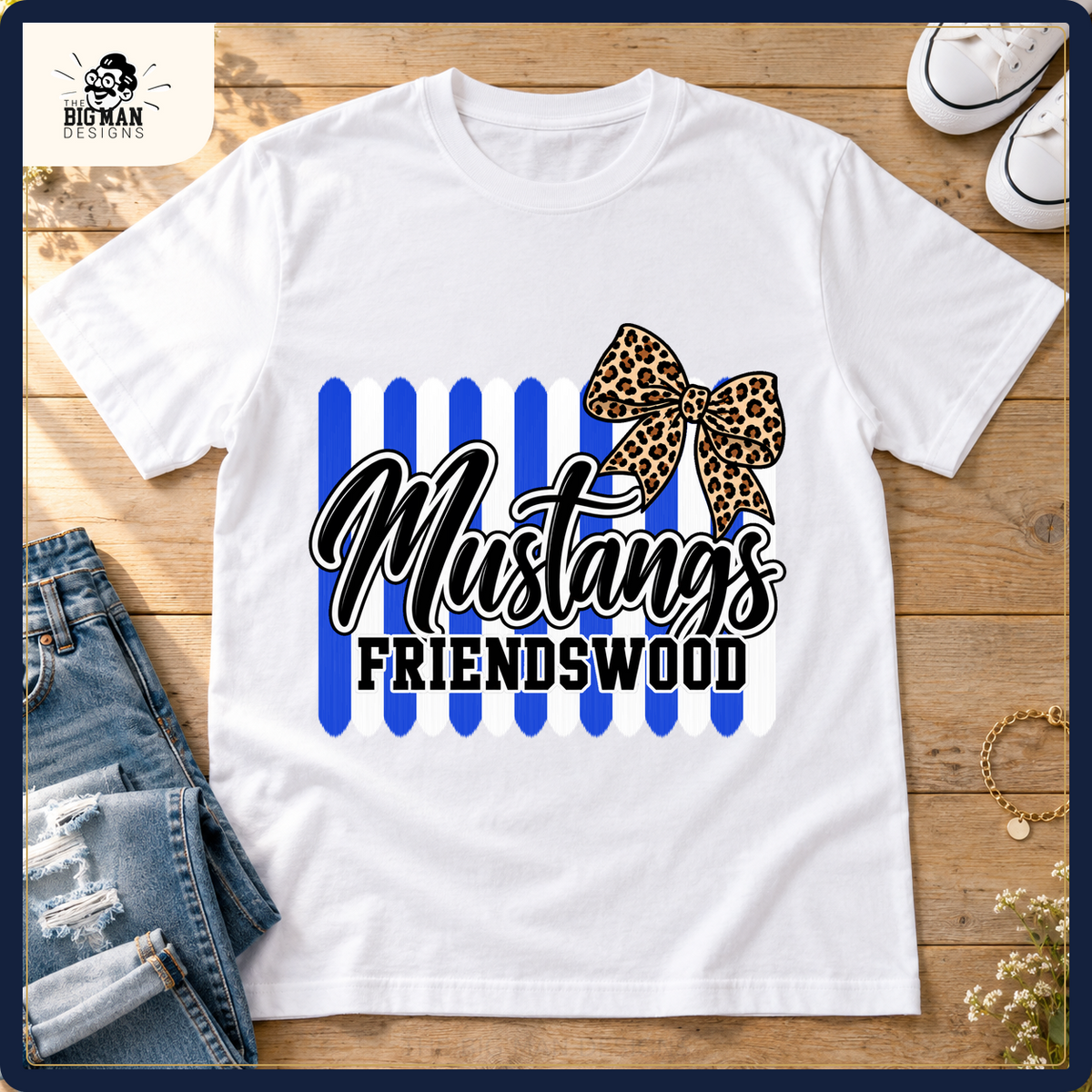 Friendswood Mustangs school spirit shirt styled in a boutique flat lay