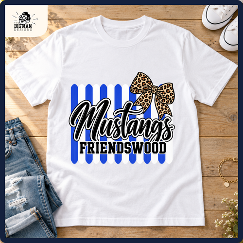 Friendswood Mustangs school spirit shirt styled in a boutique flat lay