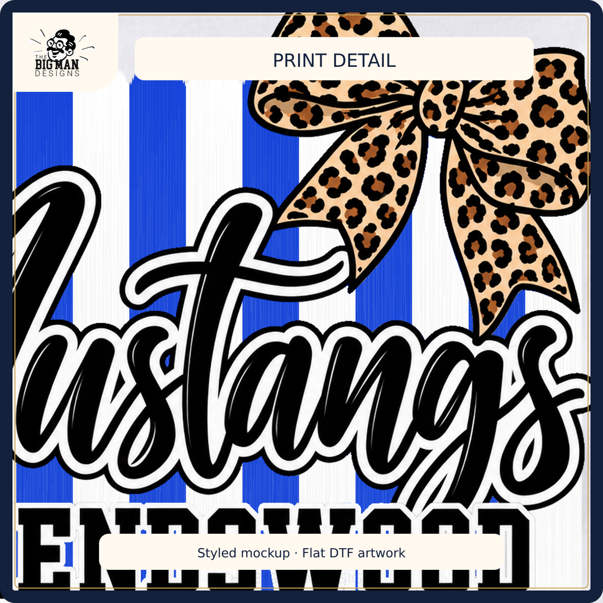 Friendswood Mustangs cropped DTF artwork detail on fabric, styled mockup