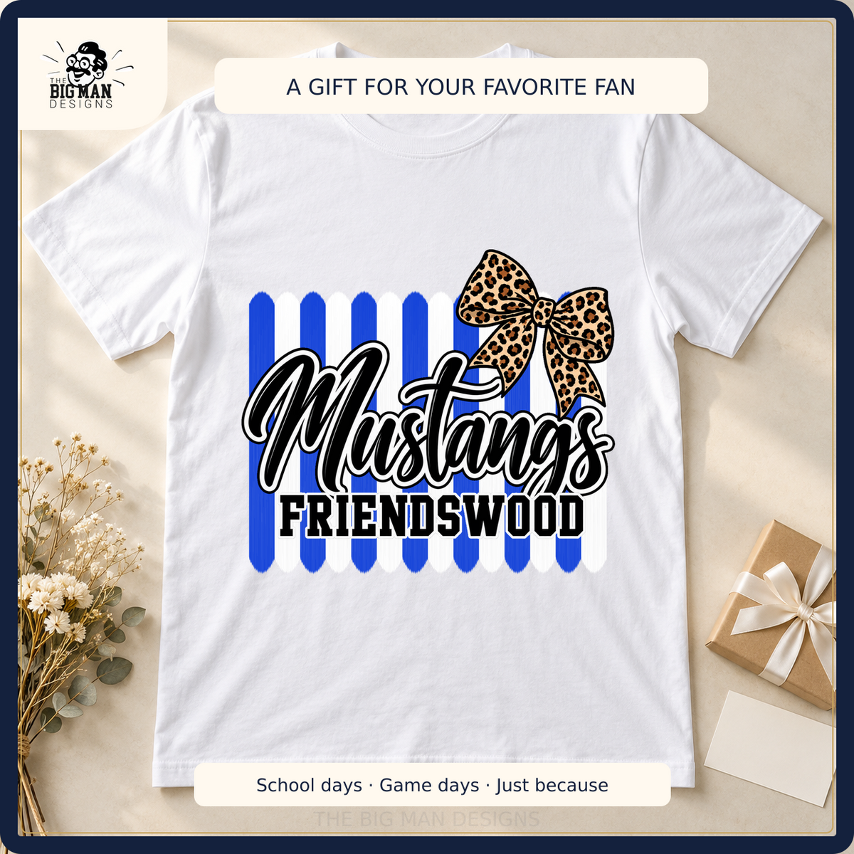 Friendswood Mustangs school spirit shirt styled as a gift