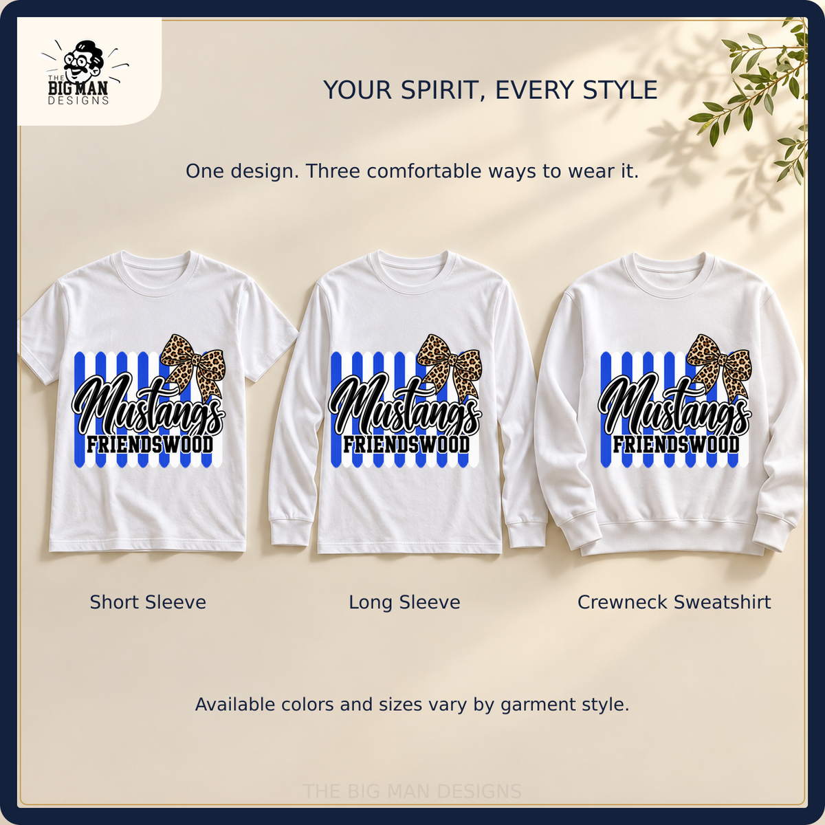 Friendswood Mustangs matching short sleeve, long sleeve, and crewneck sweatshirt