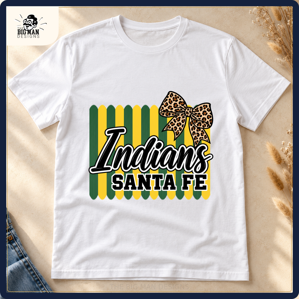 Santa Fe Indians brushstroke and leopard bow on a white shirt