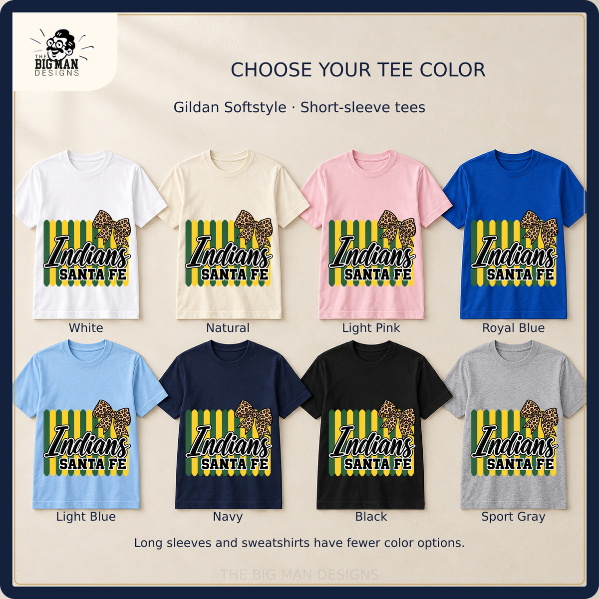 Santa Fe Indians shirt design in eight labeled Softstyle tee colors
