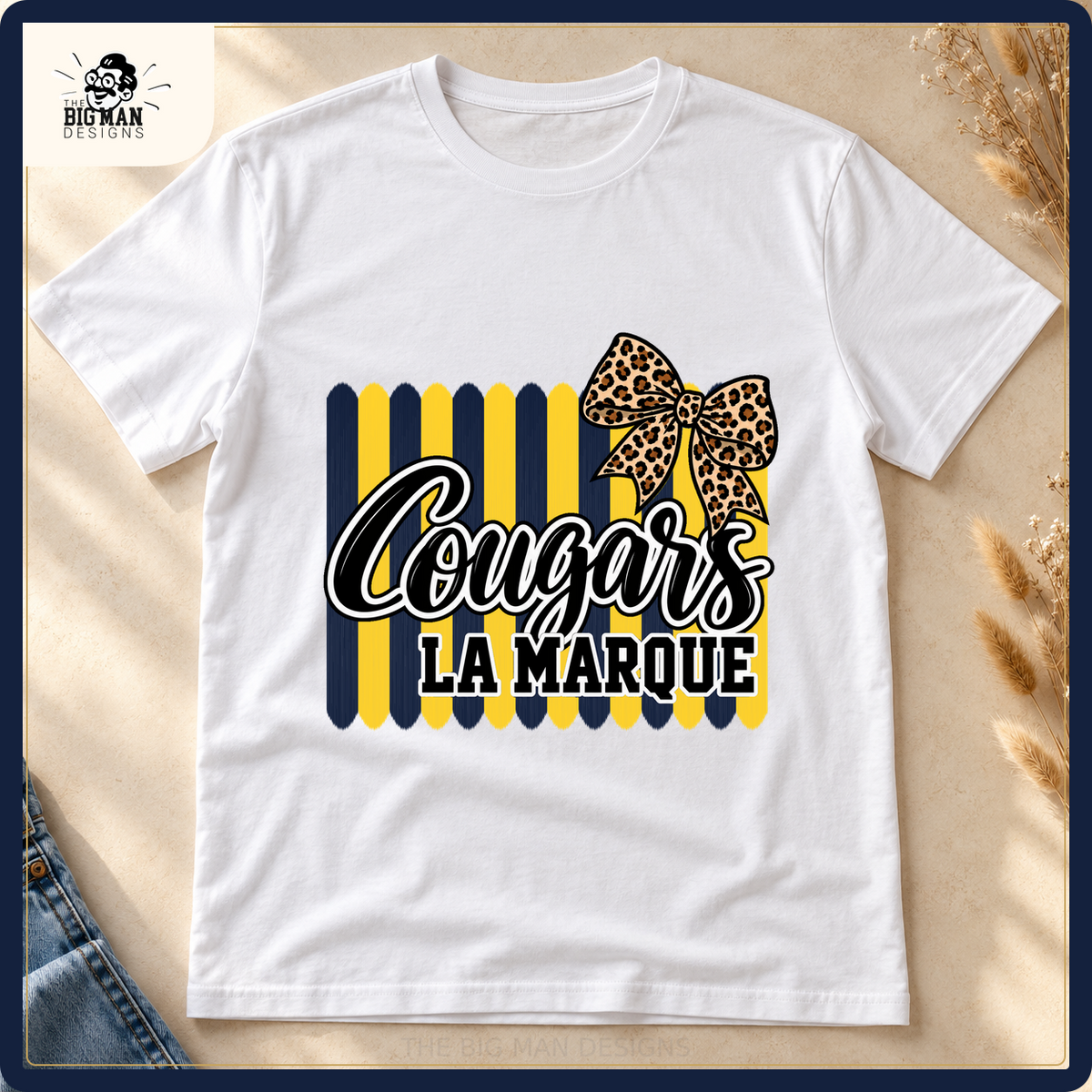 La Marque Cougars brushstroke and leopard bow on a white shirt