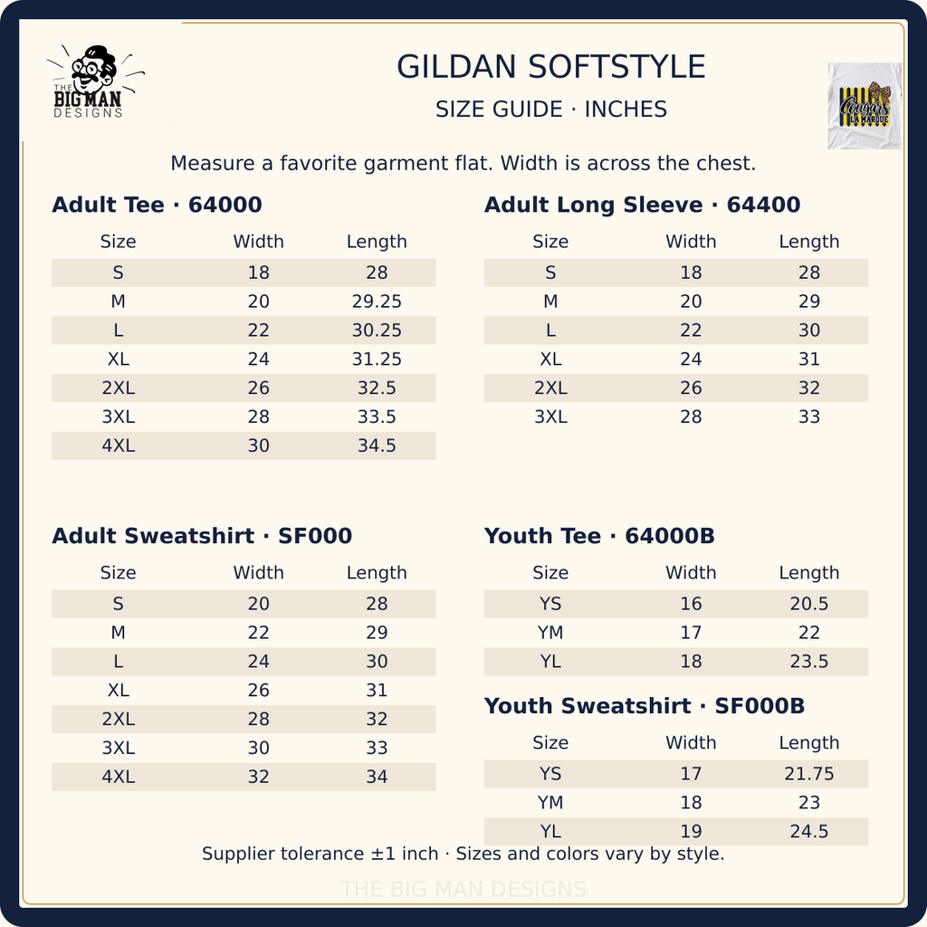 La Marque Cougars verified Gildan Softstyle garment size guide