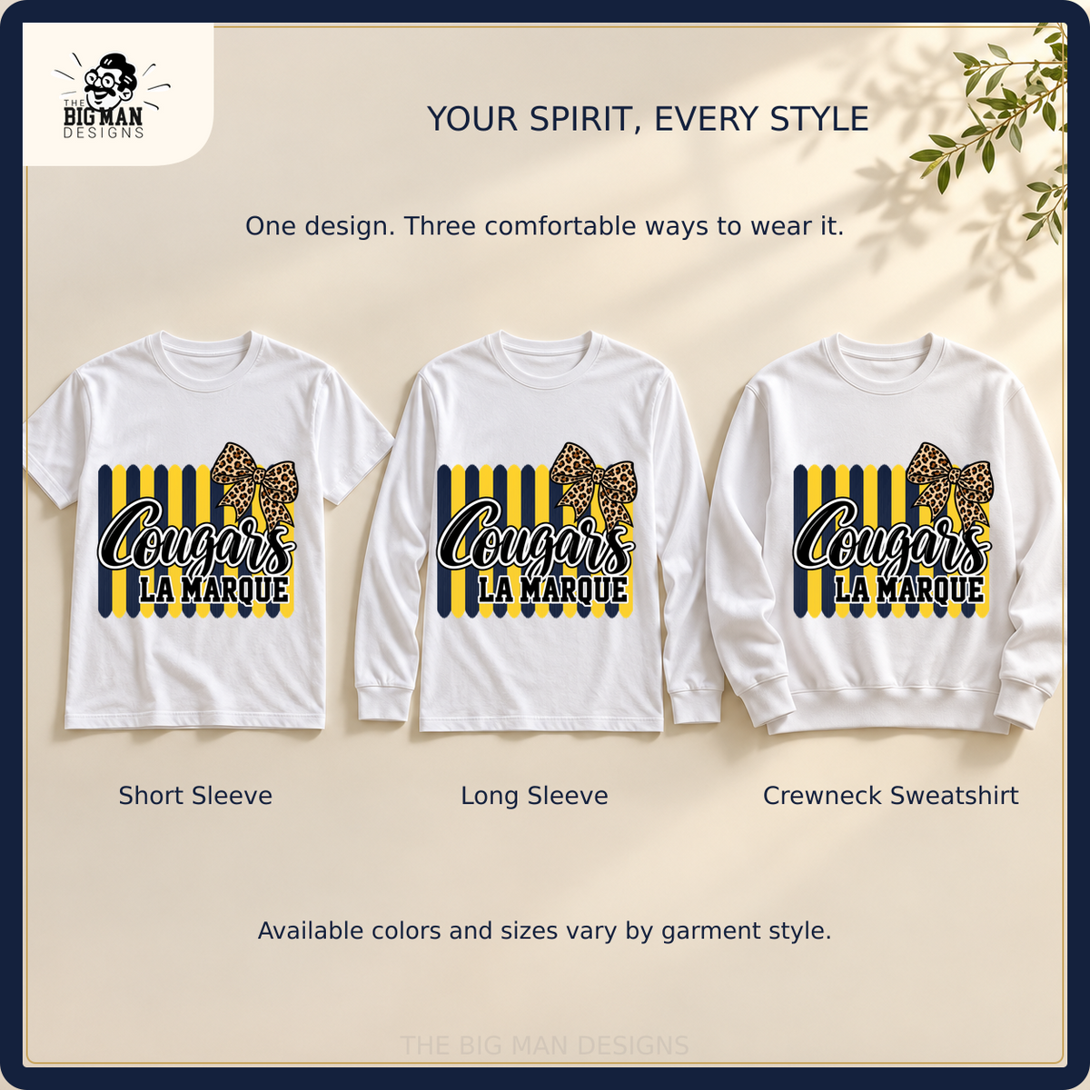La Marque Cougars matching short sleeve, long sleeve, and crewneck sweatshirt