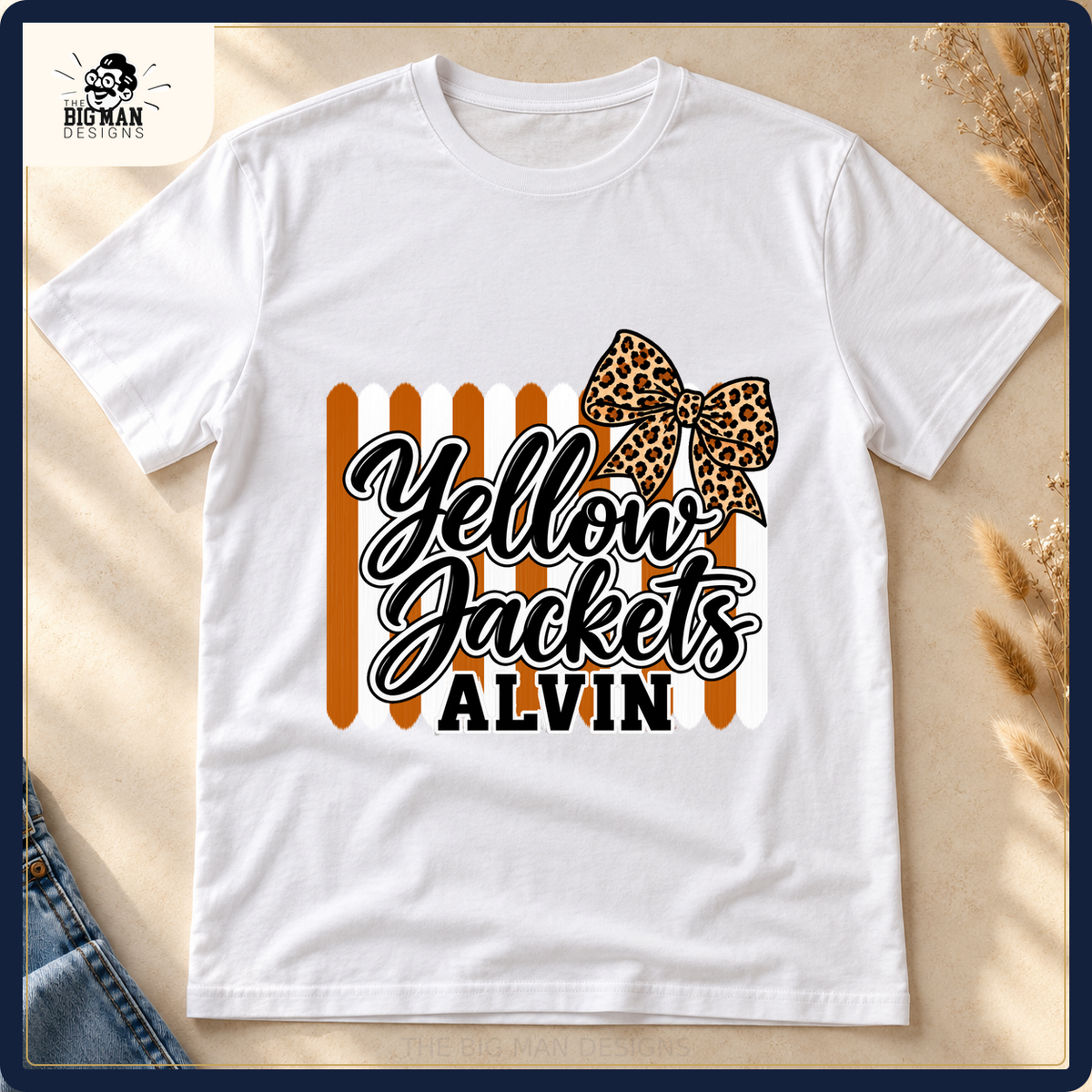 Alvin Yellow Jackets brushstroke and leopard bow on a white shirt