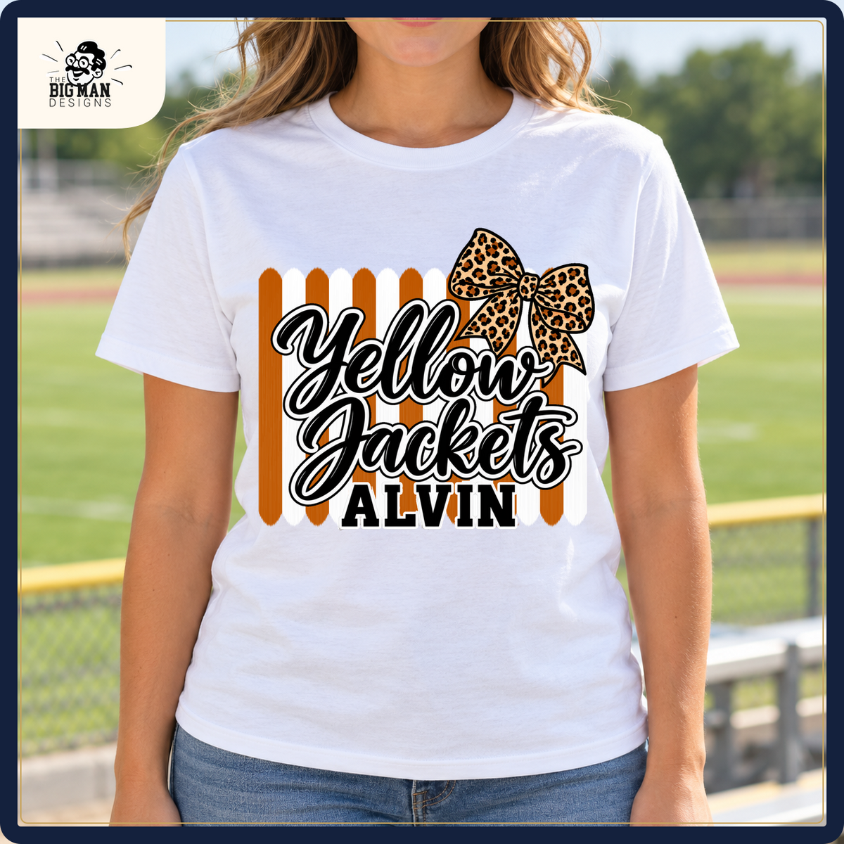 Alvin Yellow Jackets school spirit shirt worn outdoors