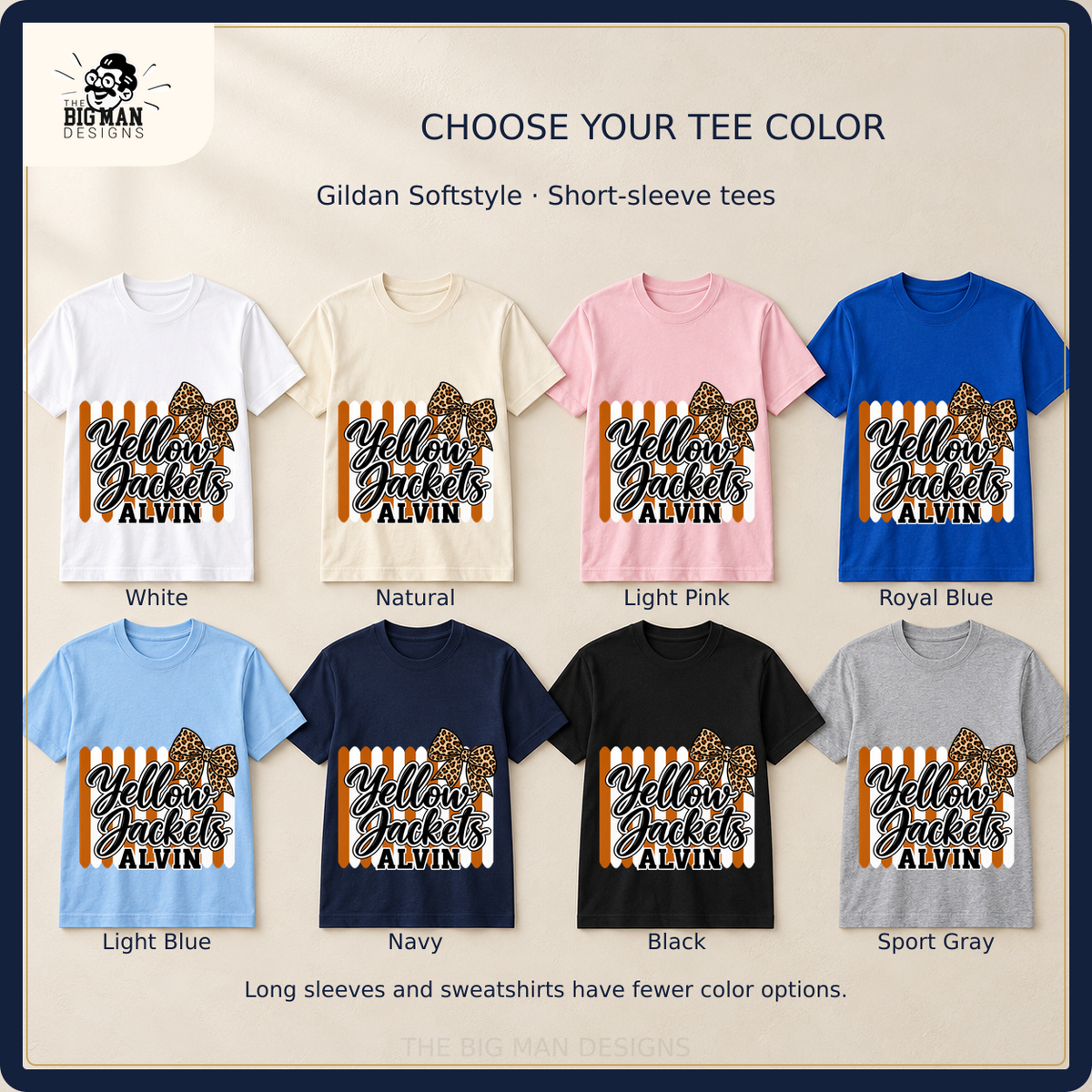 Alvin Yellow Jackets shirt design in eight labeled Softstyle tee colors