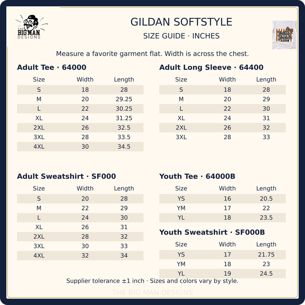 Alvin Yellow Jackets verified Gildan Softstyle garment size guide
