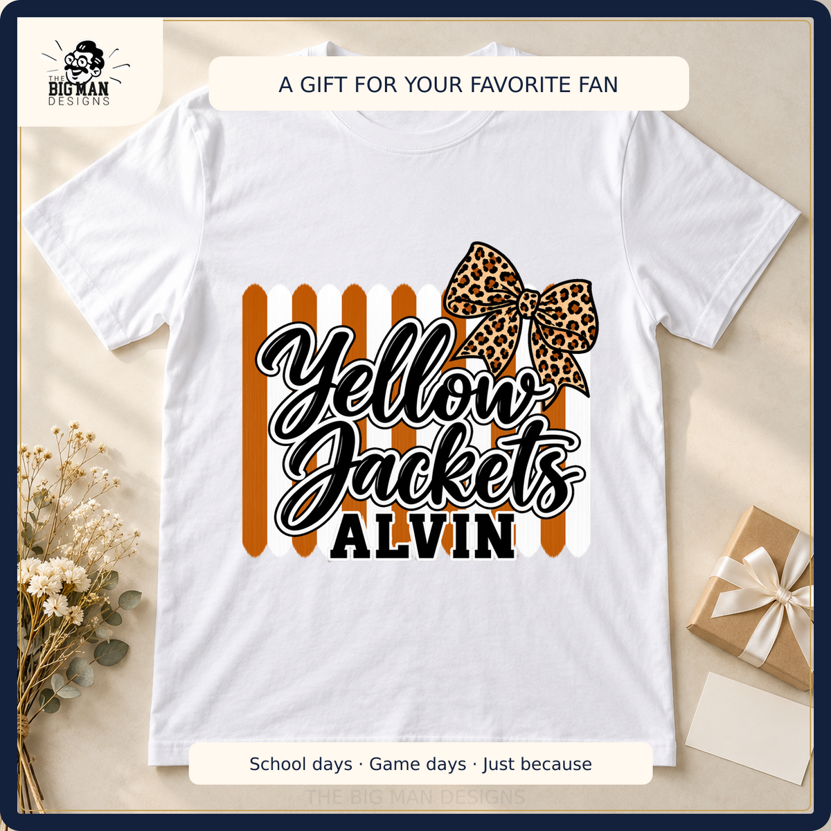 Alvin Yellow Jackets school spirit shirt styled as a gift