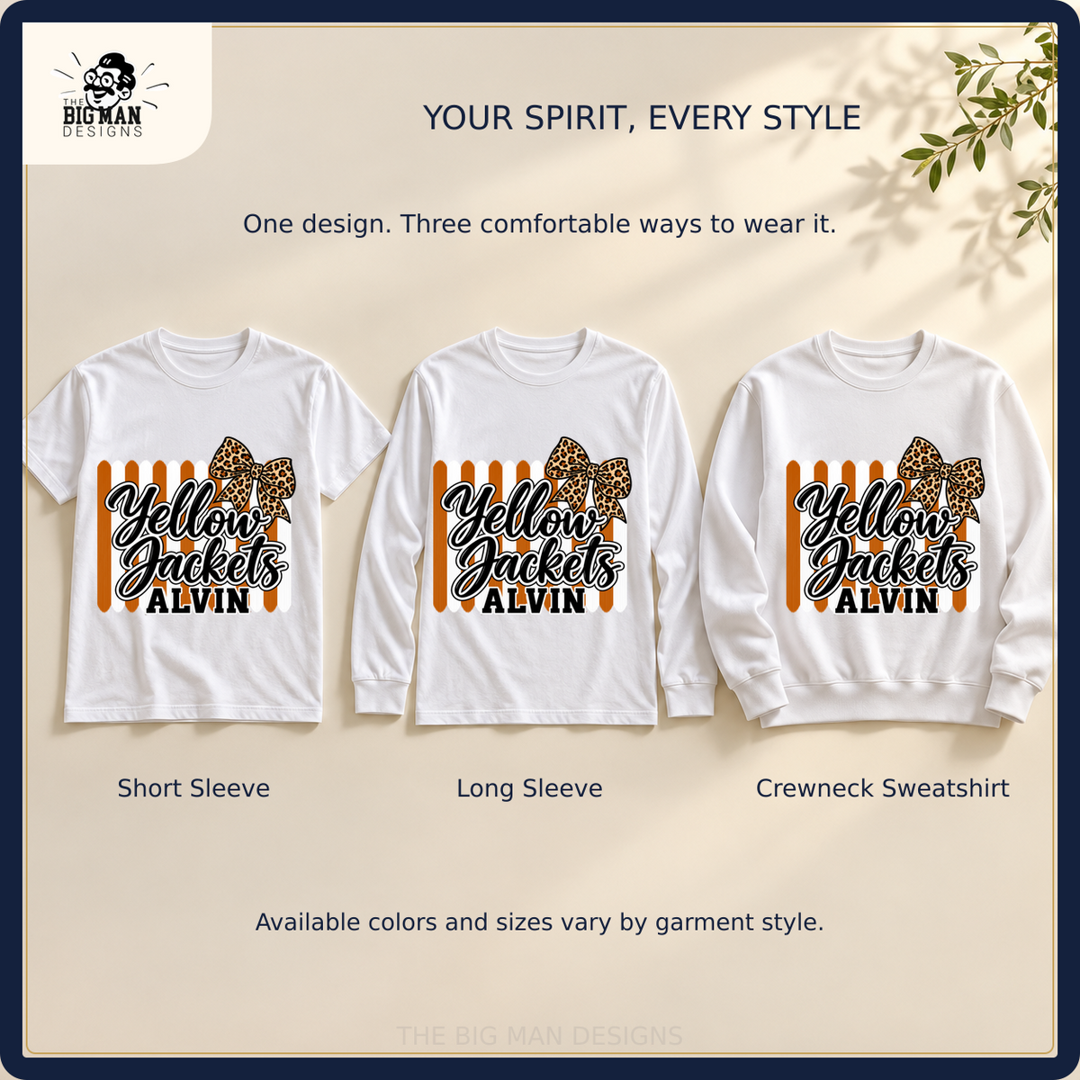 Alvin Yellow Jackets matching short sleeve, long sleeve, and crewneck sweatshirt