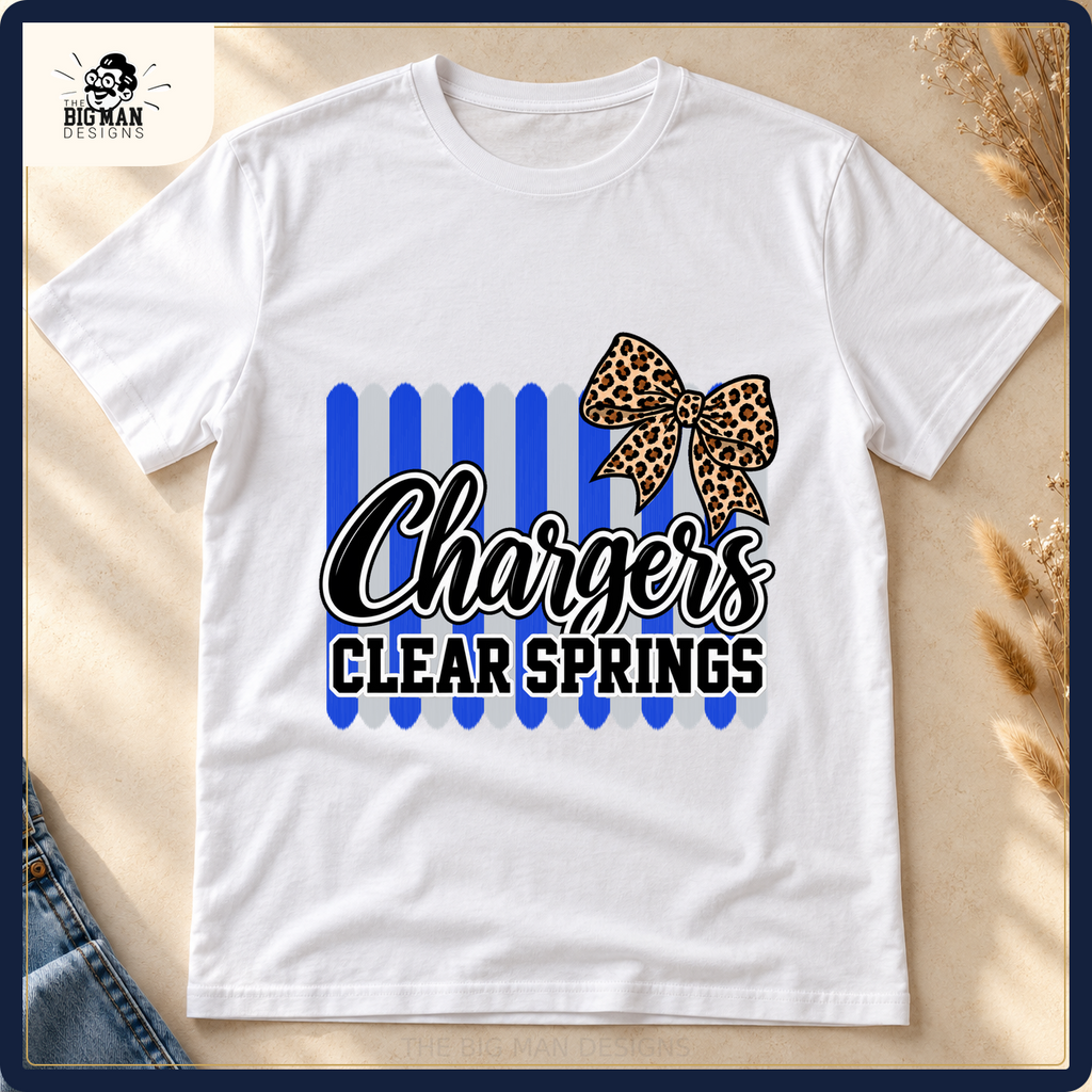 Clear Springs Chargers brushstroke and leopard bow on a white shirt