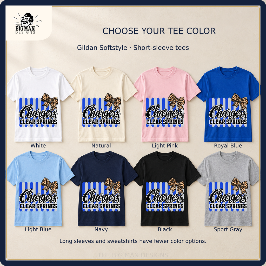 Clear Springs Chargers shirt design in eight labeled Softstyle tee colors