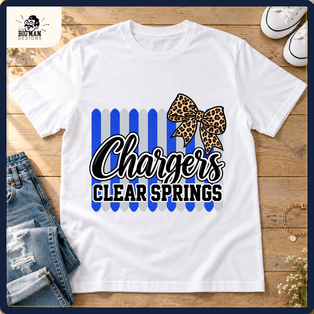 Clear Springs Chargers school spirit shirt styled in a boutique flat lay