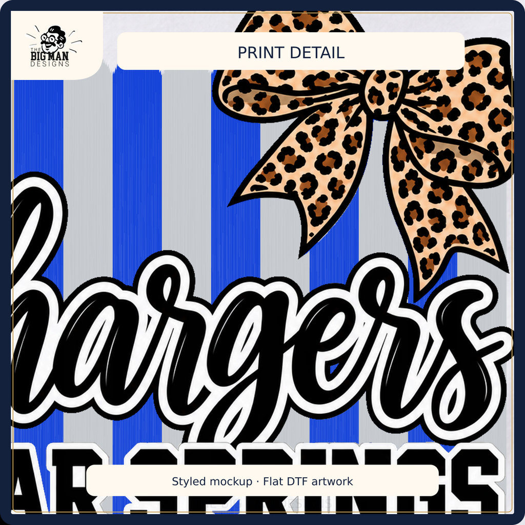 Clear Springs Chargers cropped DTF artwork detail on fabric, styled mockup