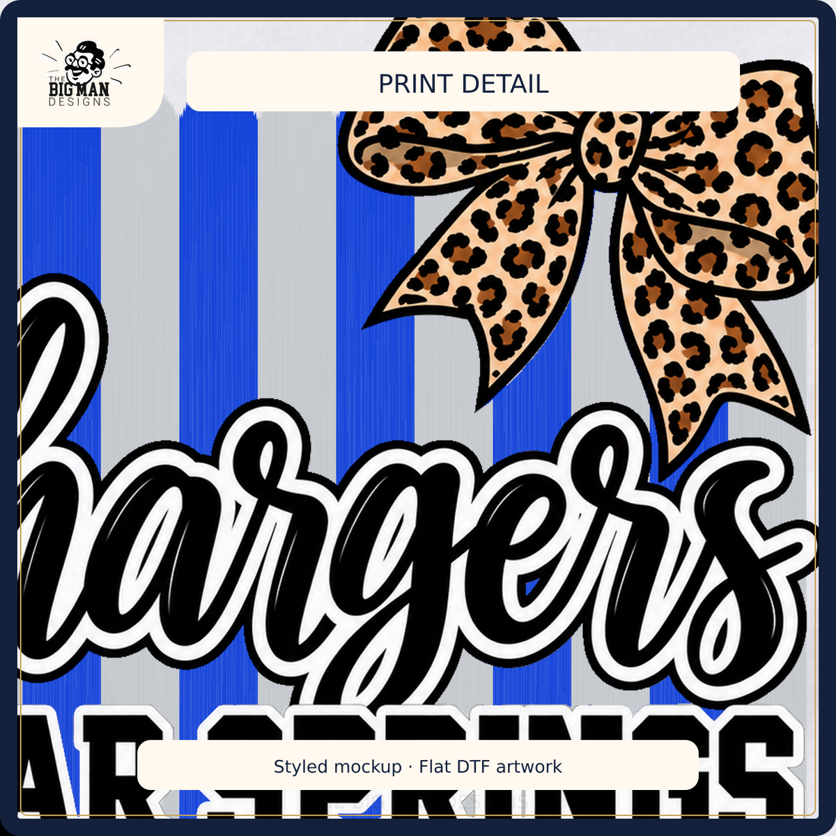 Clear Springs Chargers cropped DTF artwork detail on fabric, styled mockup