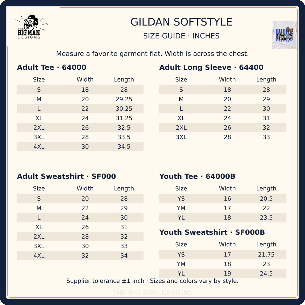 Clear Springs Chargers verified Gildan Softstyle garment size guide