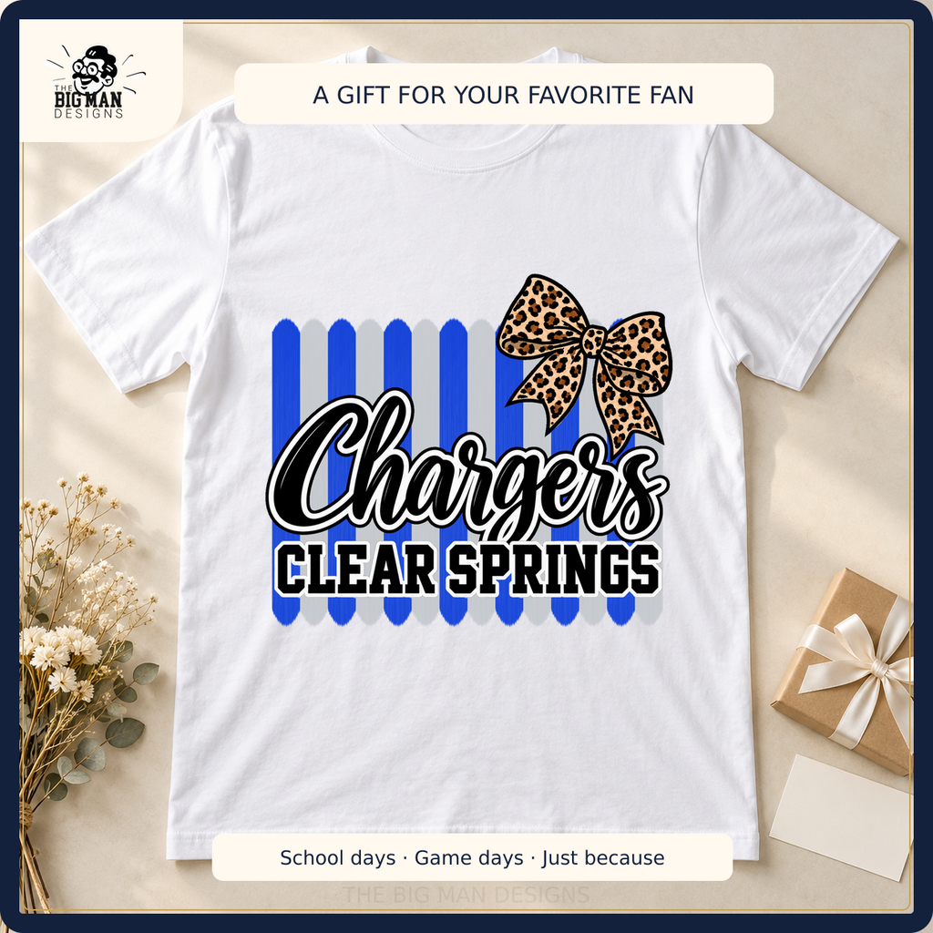 Clear Springs Chargers school spirit shirt styled as a gift