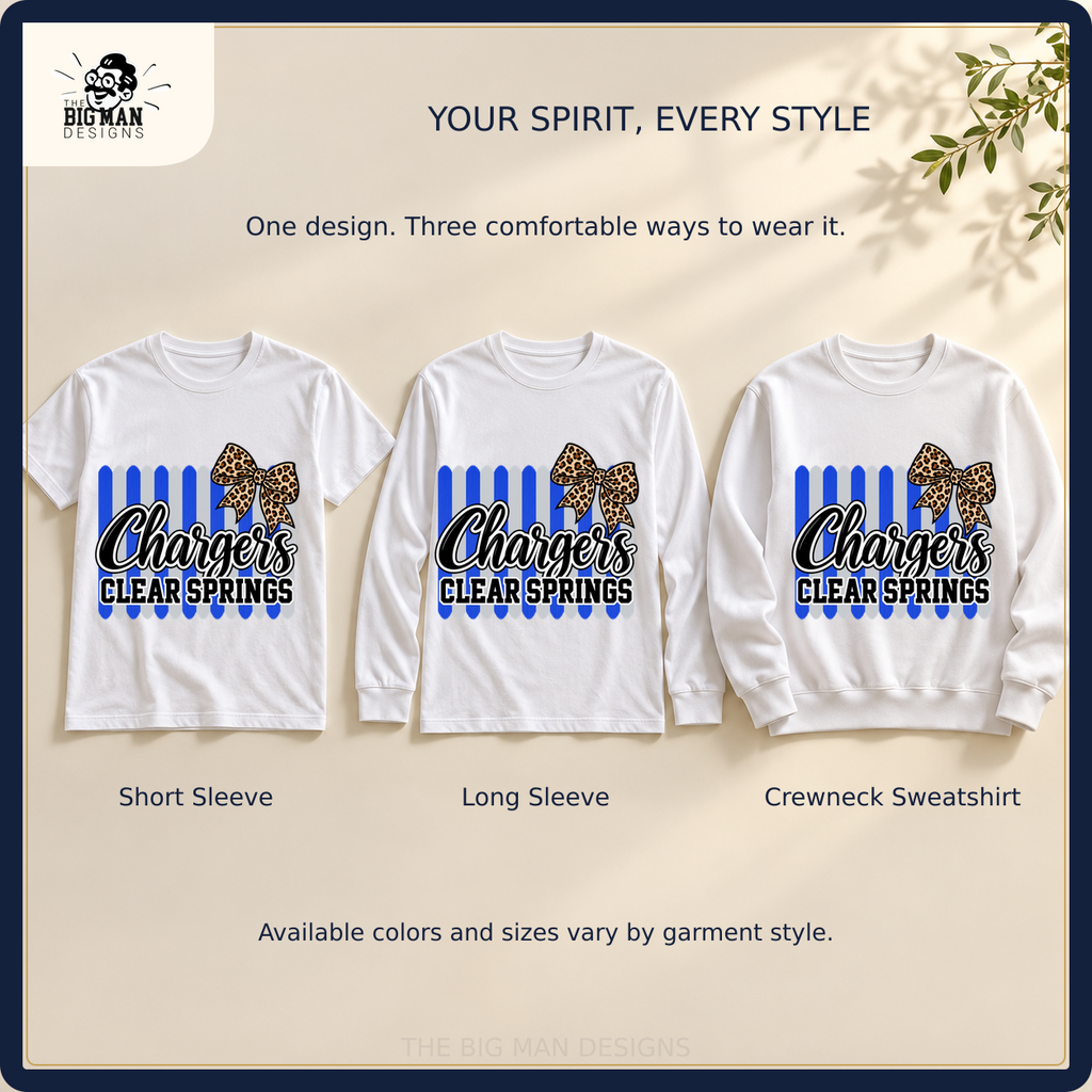 Clear Springs Chargers matching short sleeve, long sleeve, and crewneck sweatshirt