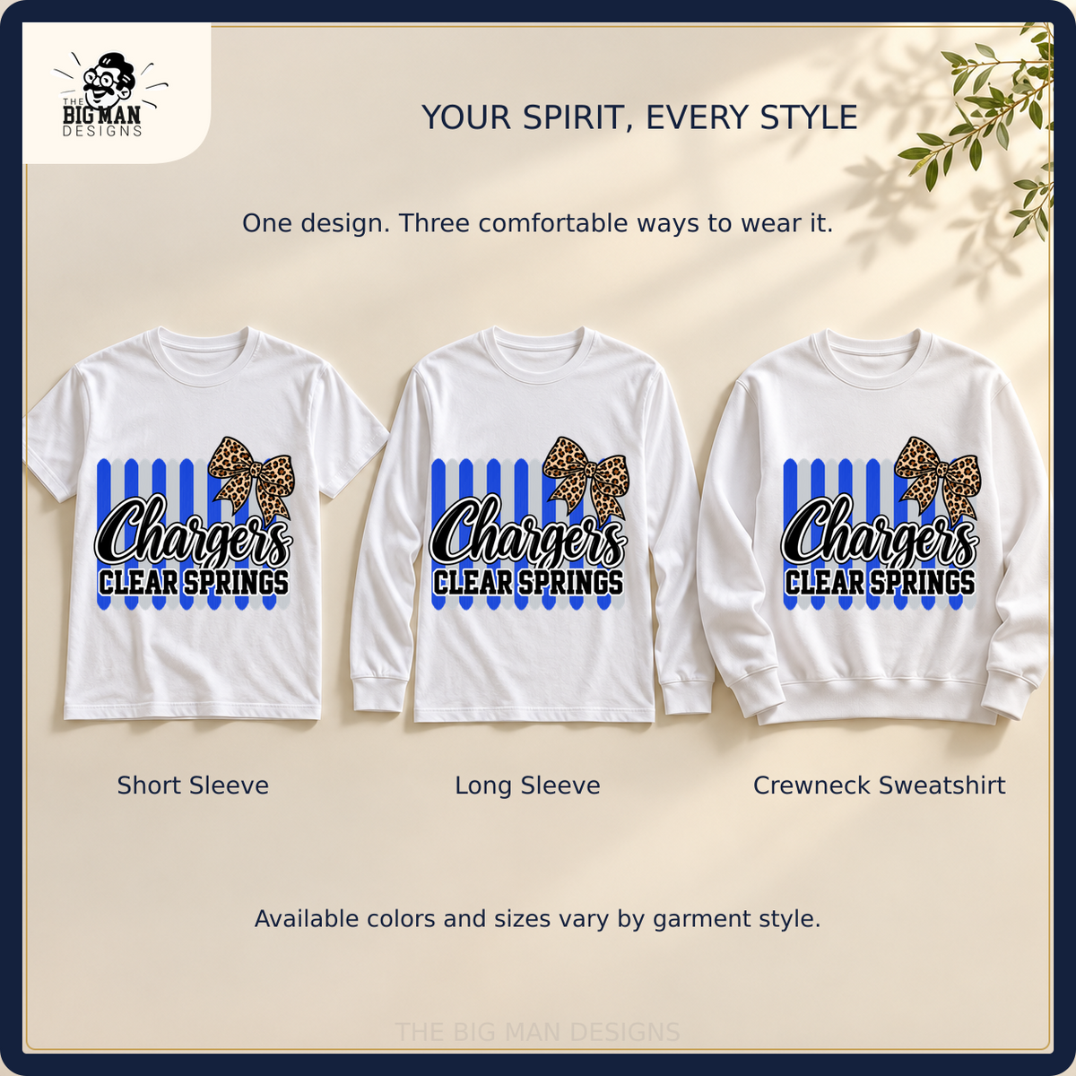 Clear Springs Chargers matching short sleeve, long sleeve, and crewneck sweatshirt