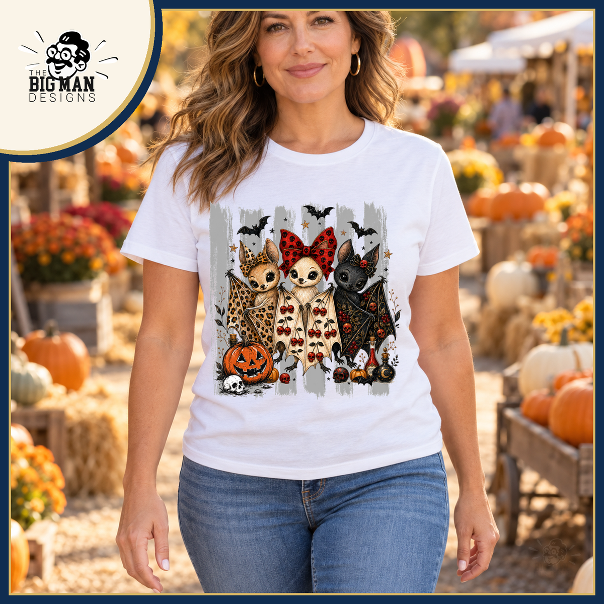 Halloween Bat Trio: white shirt worn at an autumn market