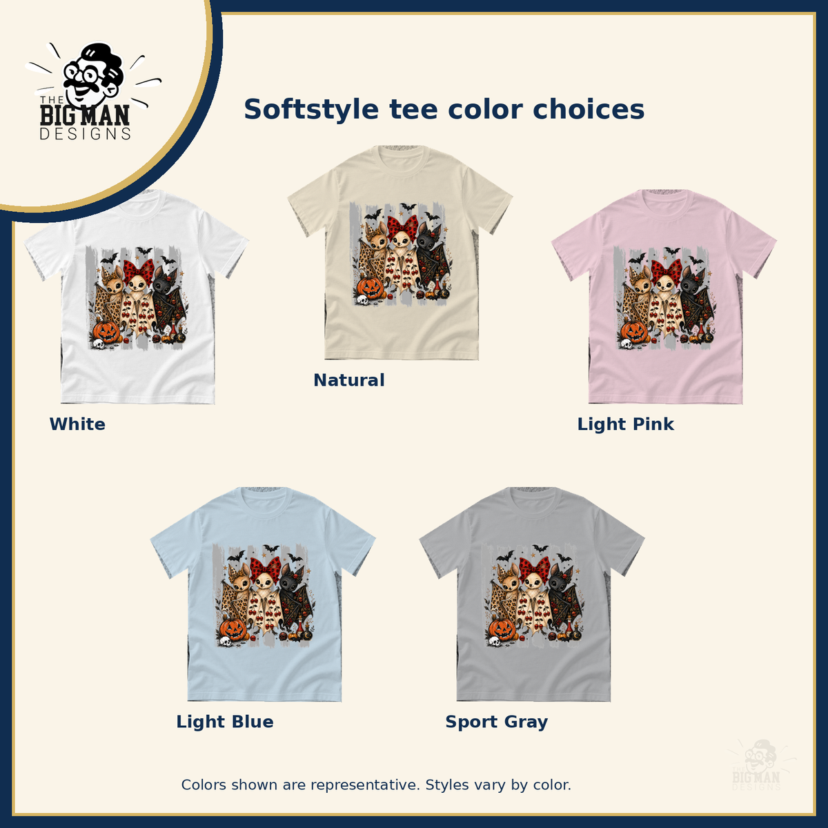 Halloween Bat Trio: five labeled light Softstyle tee color choices
