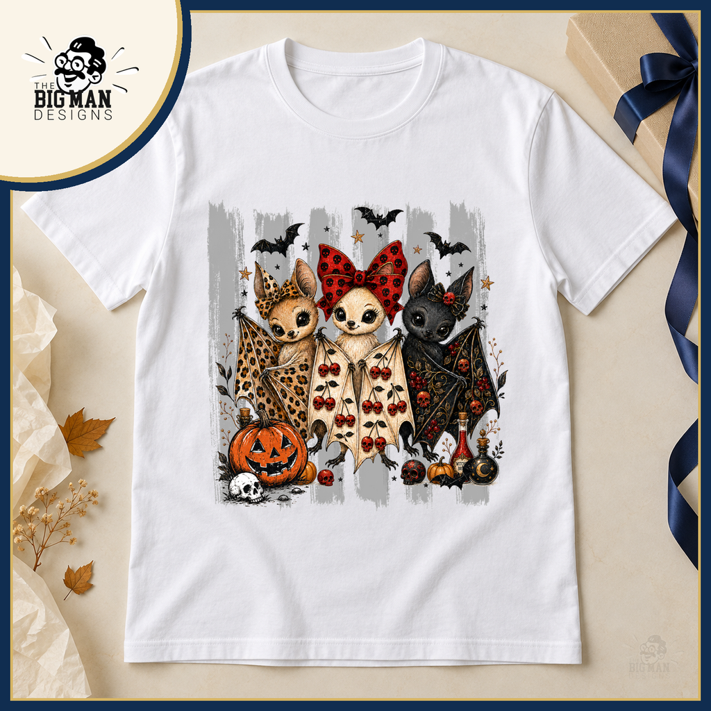 Halloween Bat Trio: shirt in a boutique flat lay with autumn gift styling