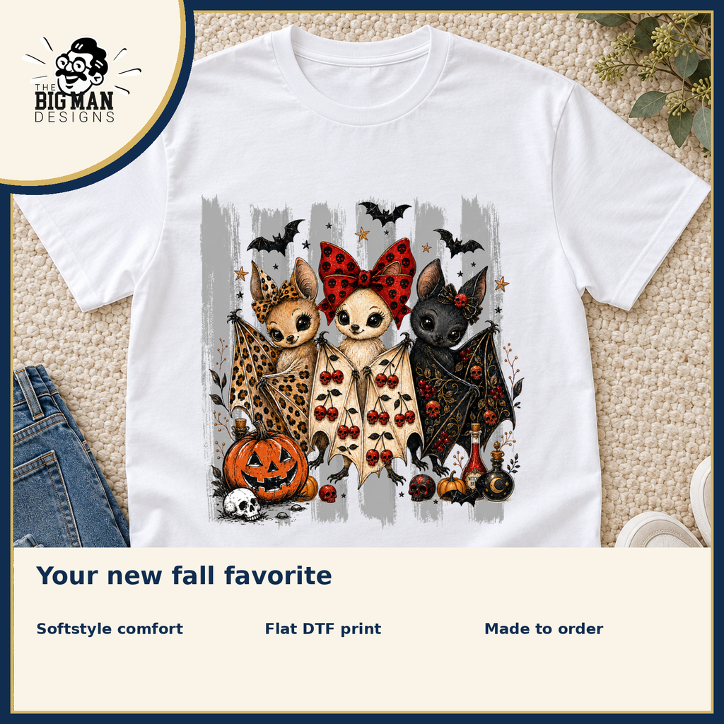 Halloween Bat Trio: Softstyle comfort, flat DTF printing, and made-to-order benefits