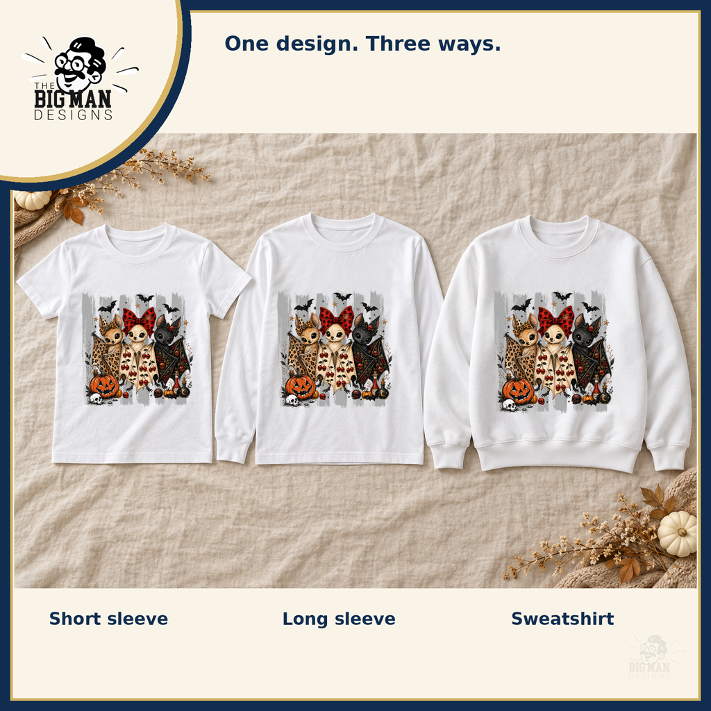 Halloween Bat Trio: matching short sleeve tee, long sleeve tee, and crewneck sweatshirt