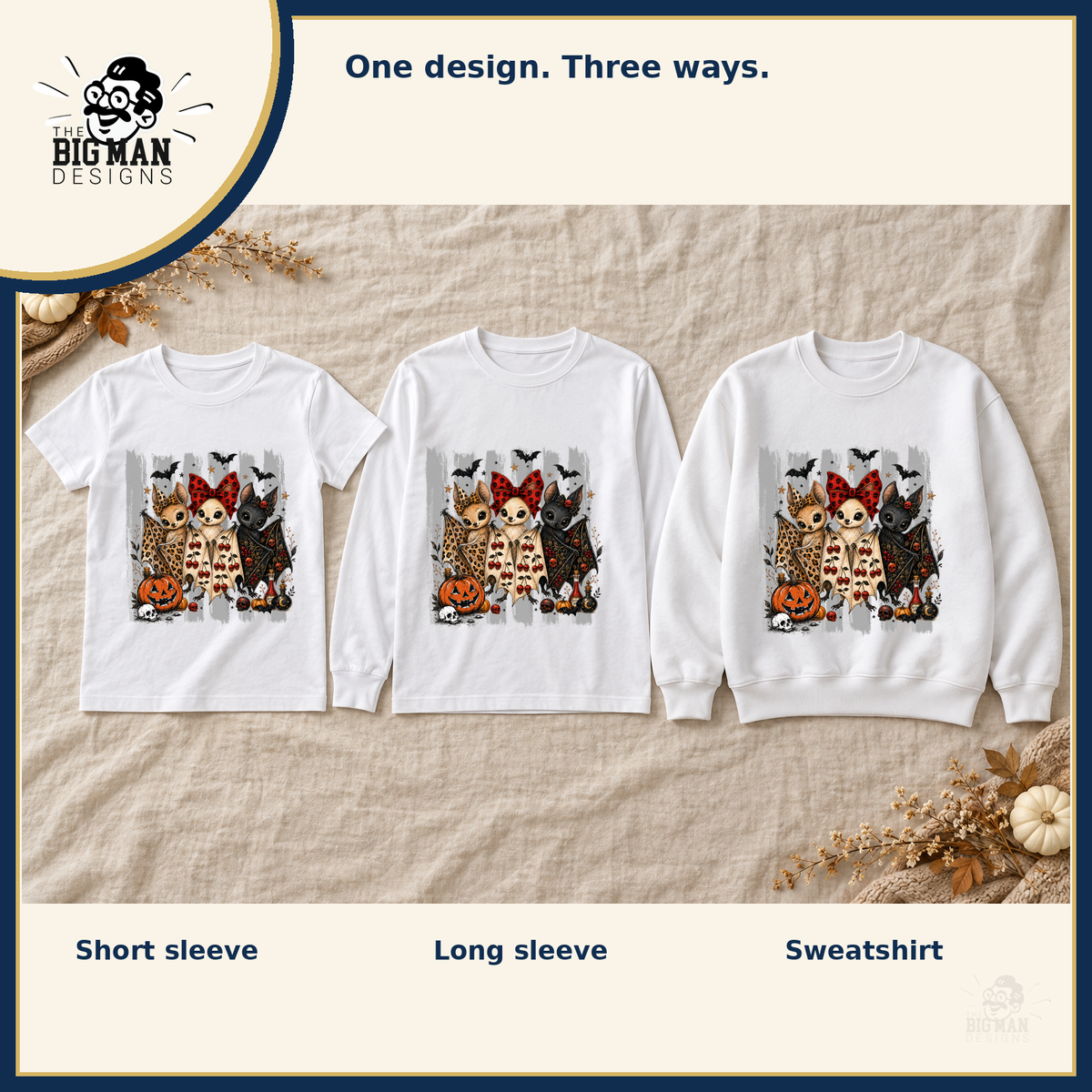Halloween Bat Trio: matching short sleeve tee, long sleeve tee, and crewneck sweatshirt