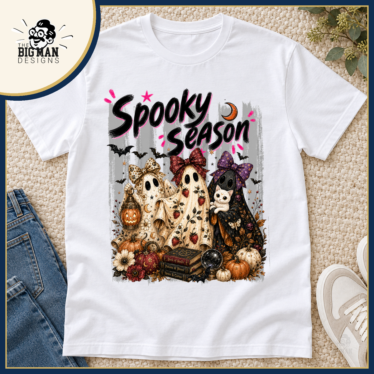 Spooky Season Ghost Trio: white Softstyle shirt in a boutique flat lay
