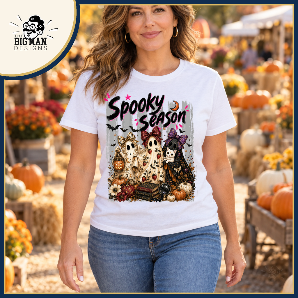 Spooky Season Ghost Trio: white shirt worn at an autumn market
