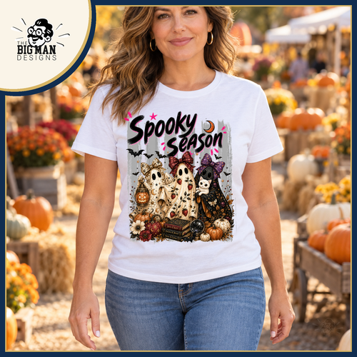 Spooky Season Ghost Trio: white shirt worn at an autumn market