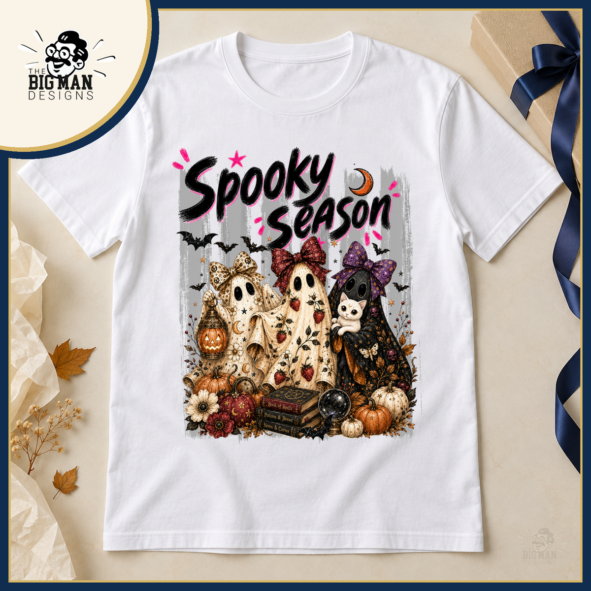 Spooky Season Ghost Trio: shirt in a boutique flat lay with autumn gift styling