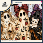 Spooky Season Ghost Trio: cropped artwork detail on fabric, styled DTF mockup