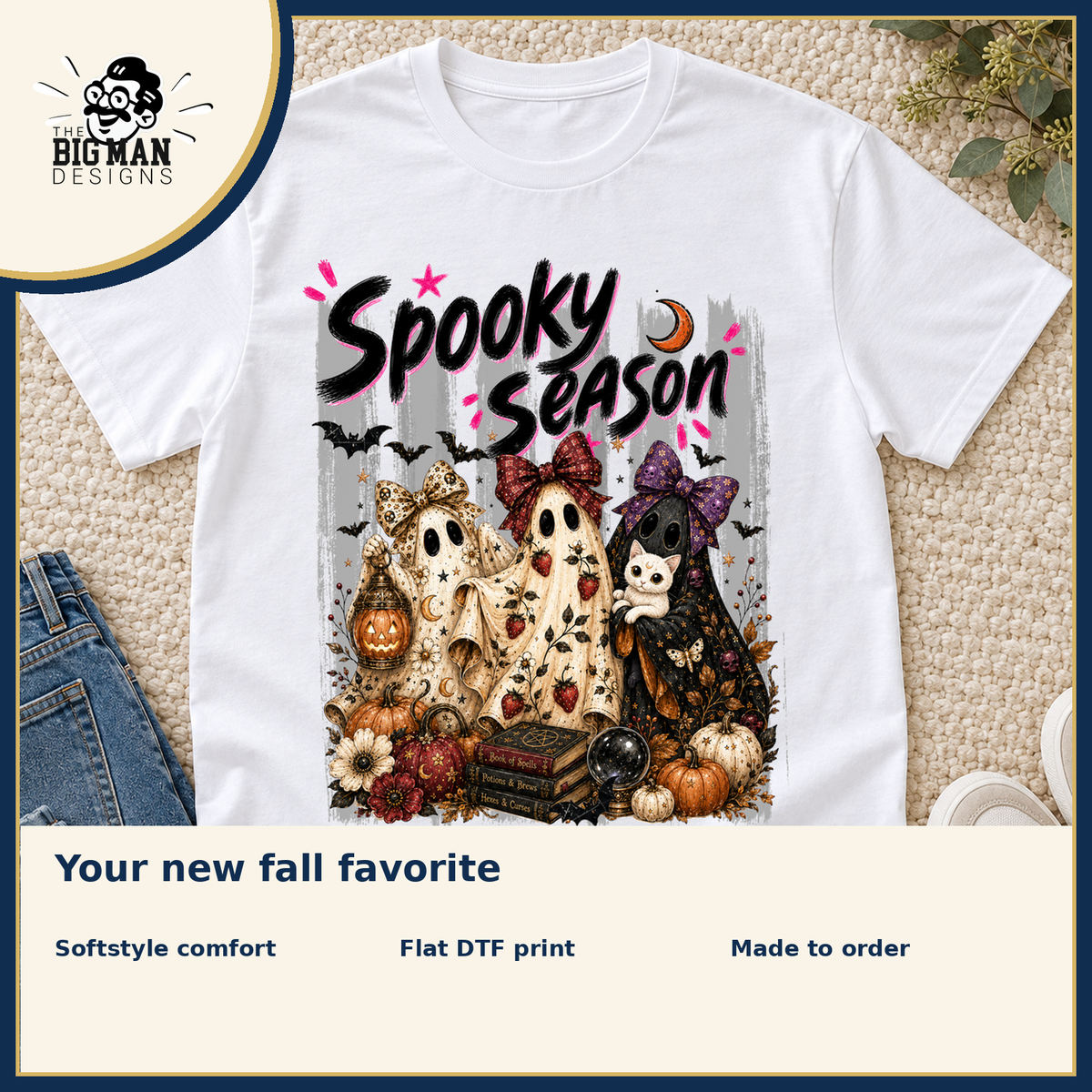 Spooky Season Ghost Trio: Softstyle comfort, flat DTF printing, and made-to-order benefits