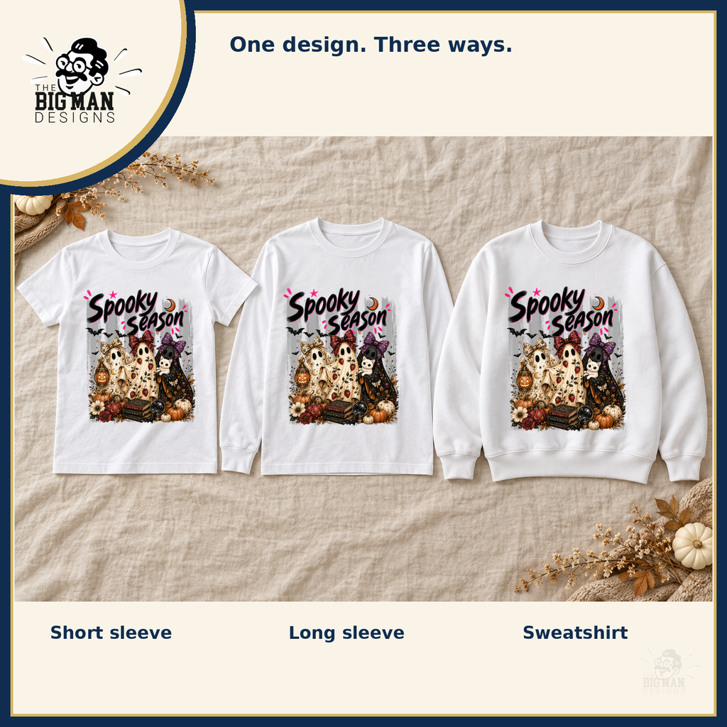 Spooky Season Ghost Trio: matching short sleeve tee, long sleeve tee, and crewneck sweatshirt