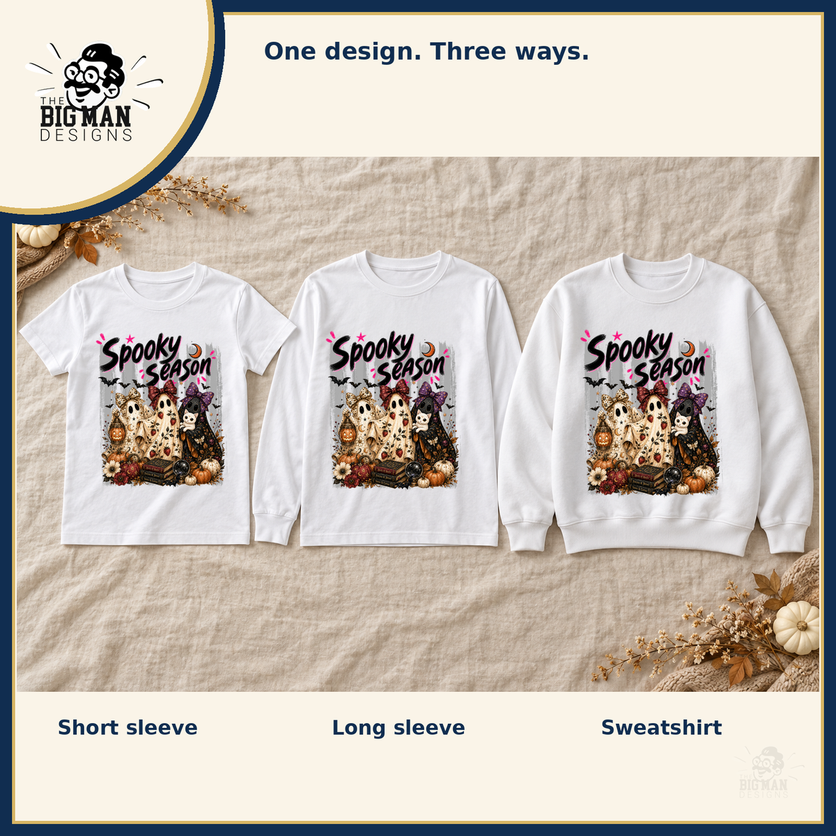 Spooky Season Ghost Trio: matching short sleeve tee, long sleeve tee, and crewneck sweatshirt