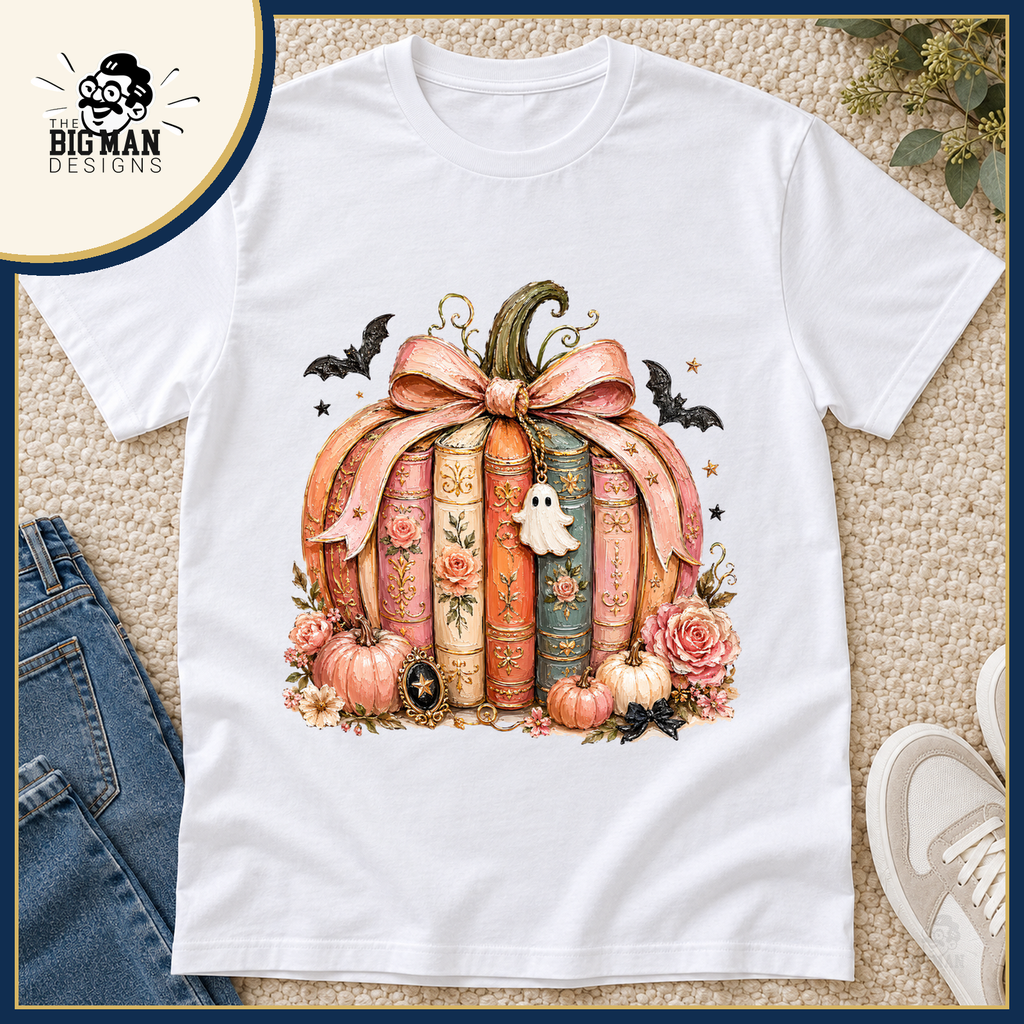 Bookish Pumpkin Bow: white Softstyle shirt in a boutique flat lay