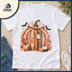 Bookish Pumpkin Bow: white Softstyle shirt in a boutique flat lay