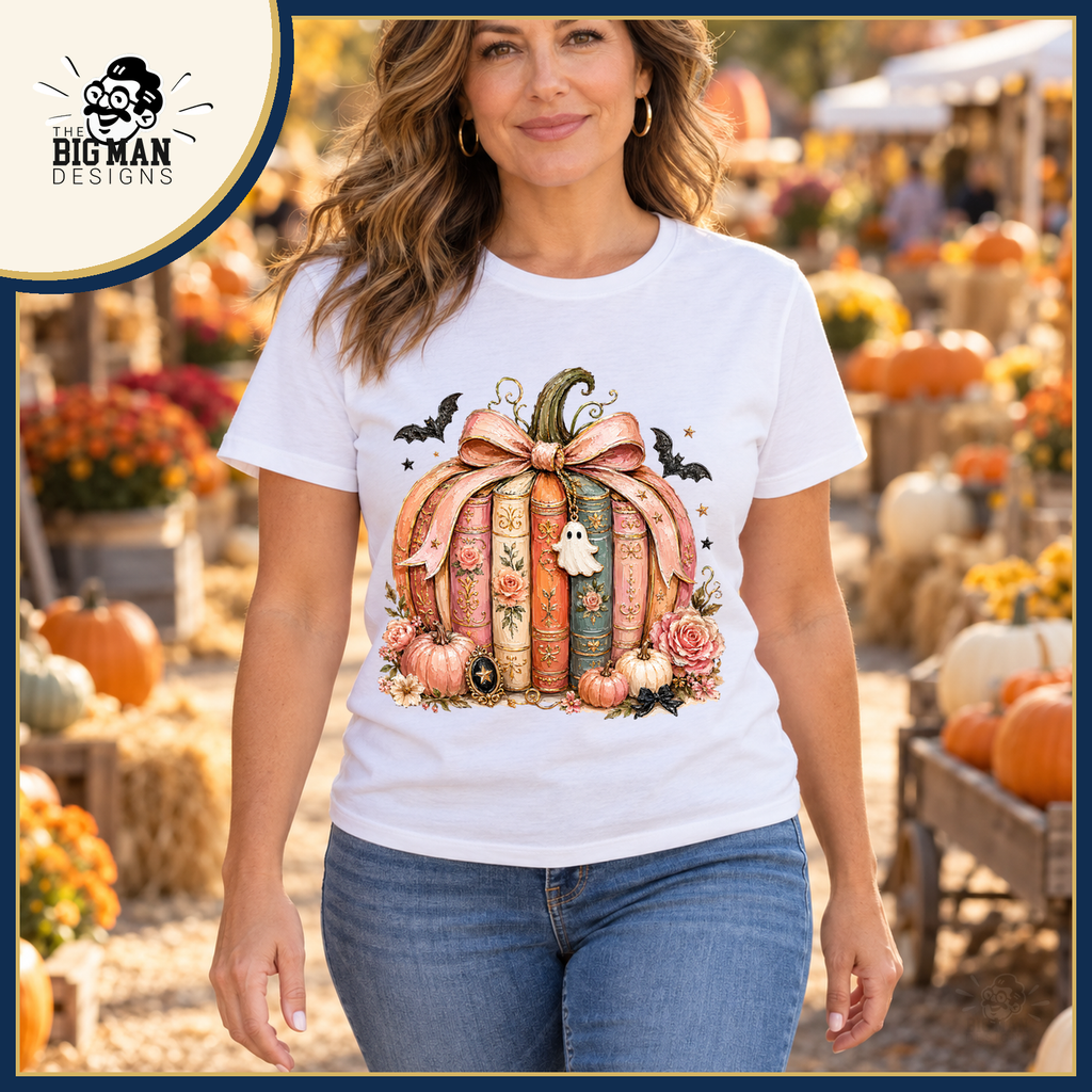 Bookish Pumpkin Bow: white shirt worn at an autumn market