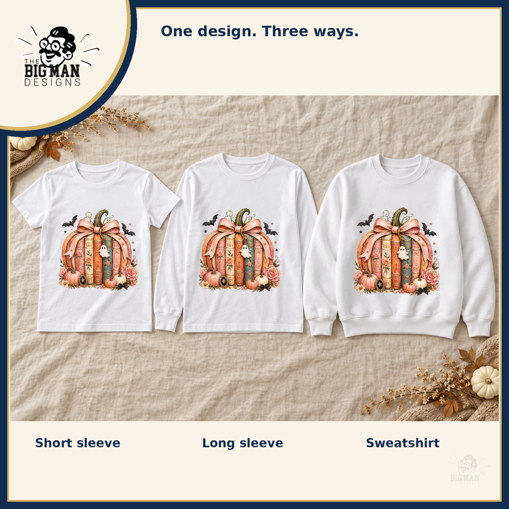 Bookish Pumpkin Bow: matching short sleeve tee, long sleeve tee, and crewneck sweatshirt