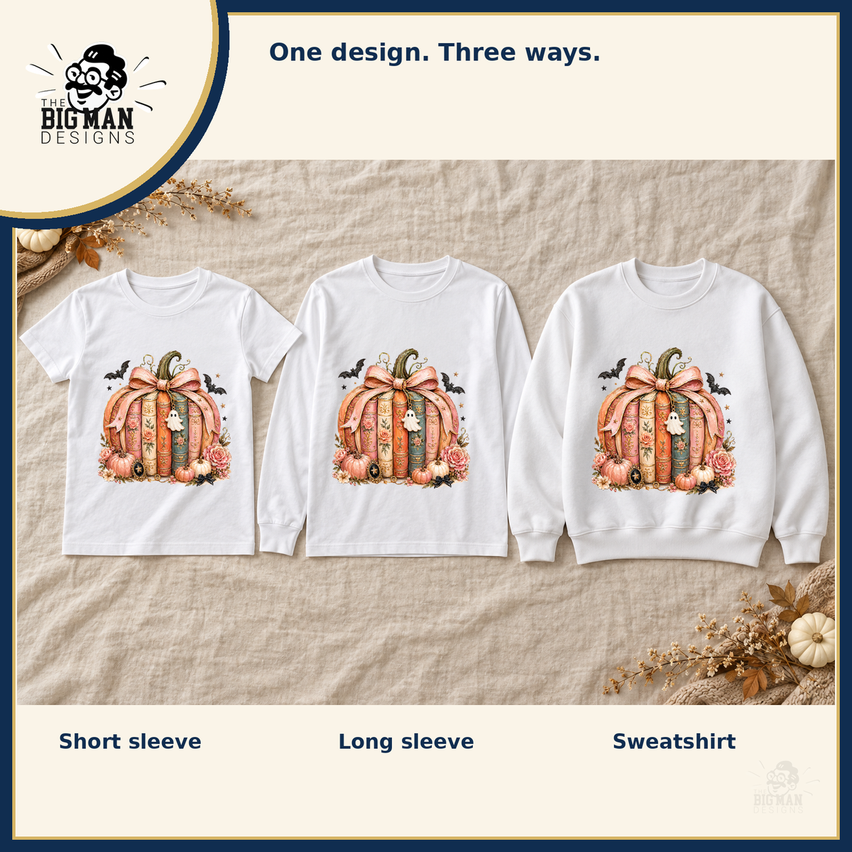 Bookish Pumpkin Bow: matching short sleeve tee, long sleeve tee, and crewneck sweatshirt