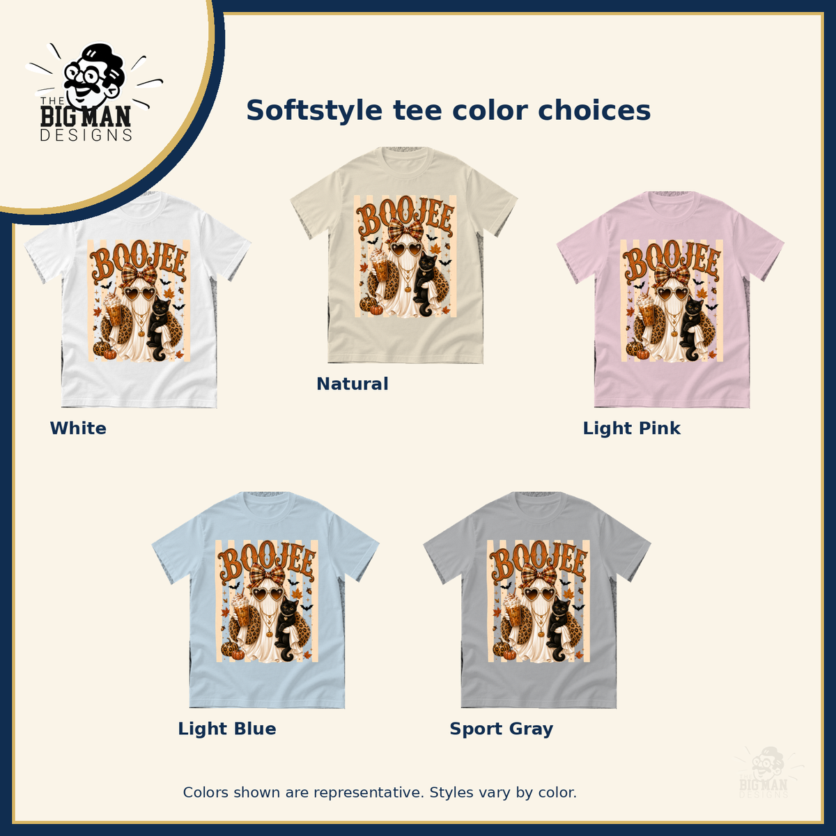 Boujee Ghost and Black Cat: five labeled light Softstyle tee color choices