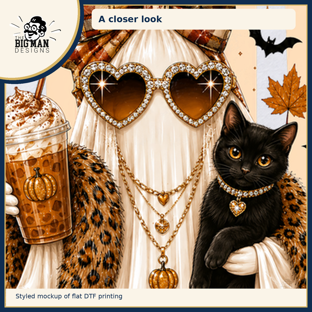 Boujee Ghost and Black Cat: cropped artwork detail on fabric, styled DTF mockup