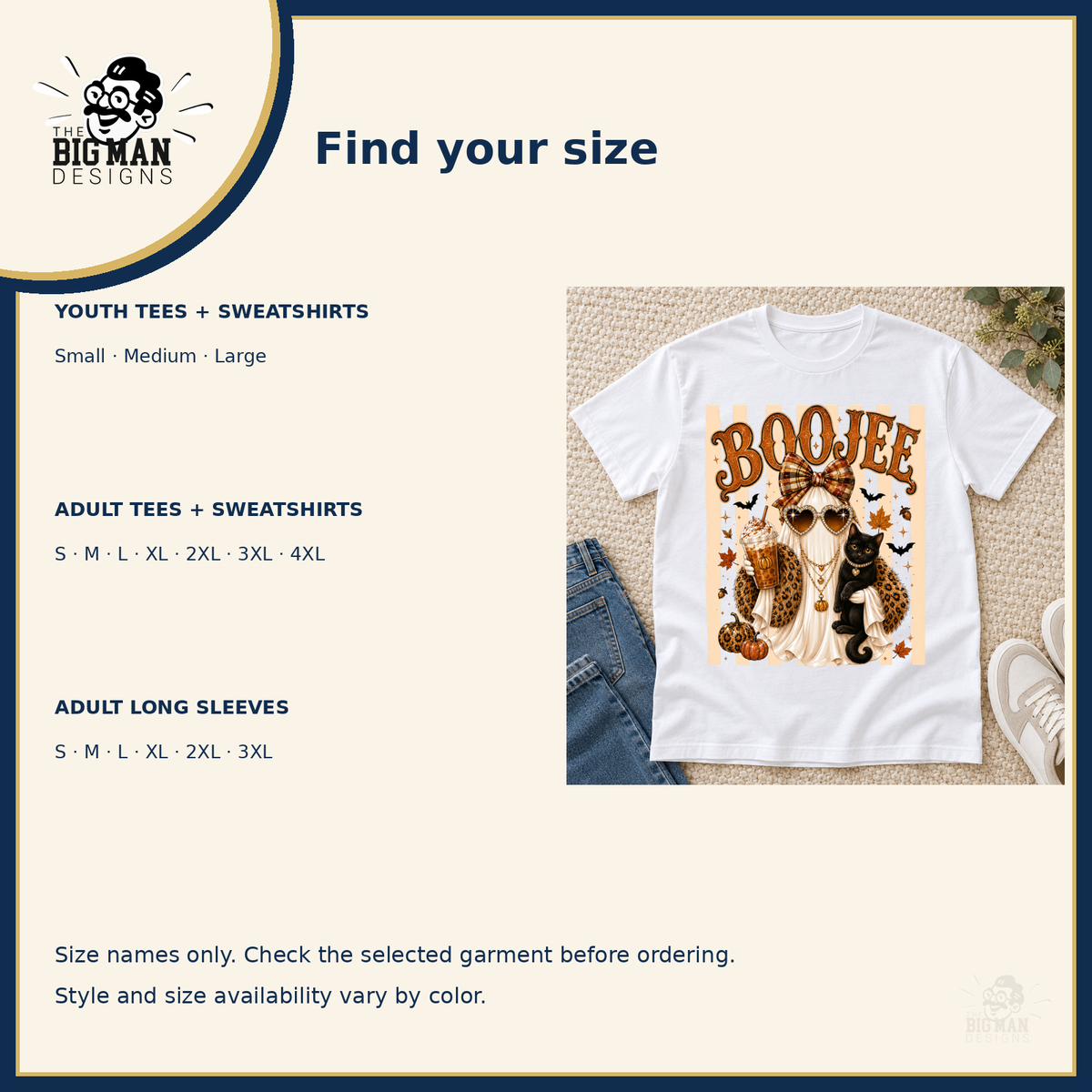 Boujee Ghost and Black Cat: available youth and adult size names by garment style